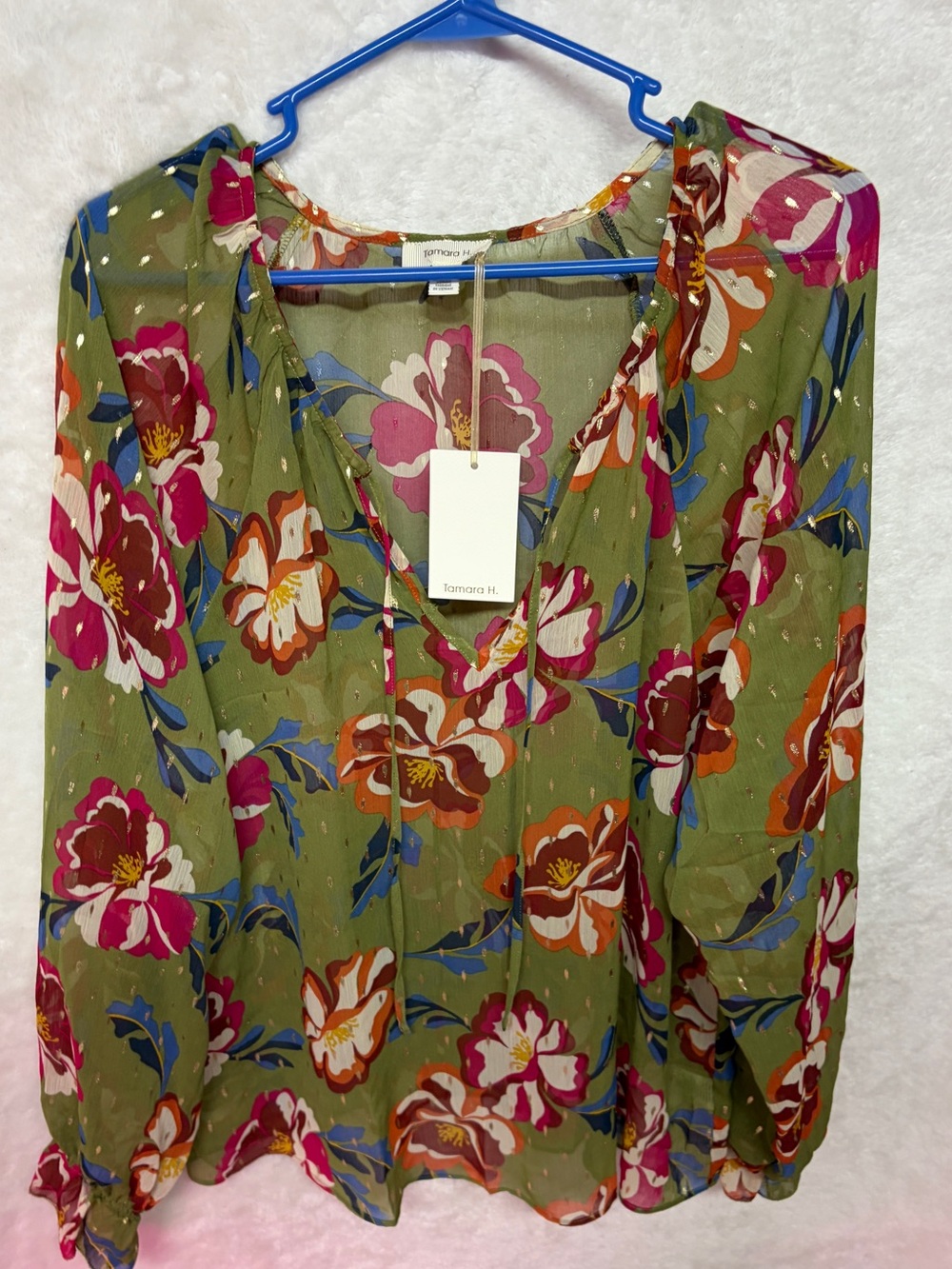 Tamara H. Olive Floral V-Neck Women's Blouse